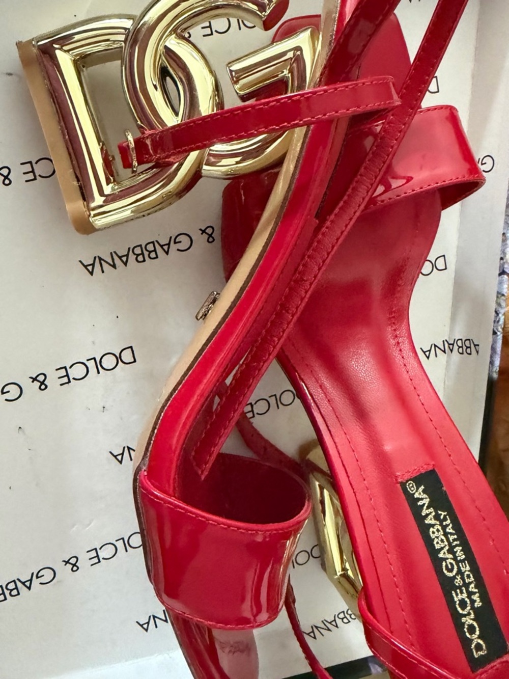 Red Patent Leather Ankle-Strap Sandals with Gold Sculptural Heel - Picture 7 of 7